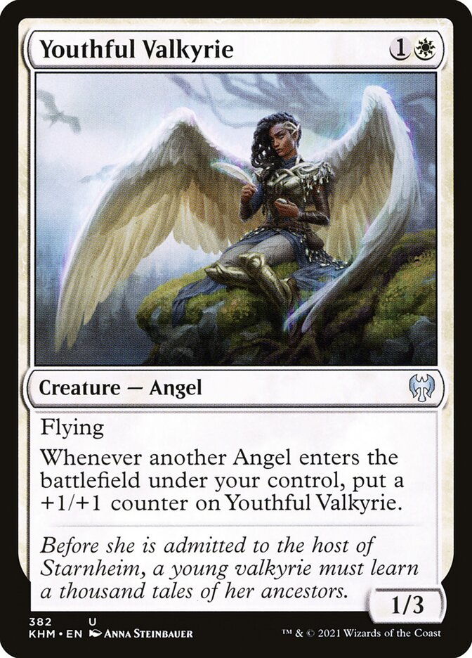 Youthful Valkyrie
 Flying
Whenever another Angel enters the battlefield under your control, put a +1/+1 counter on Youthful Valkyrie.